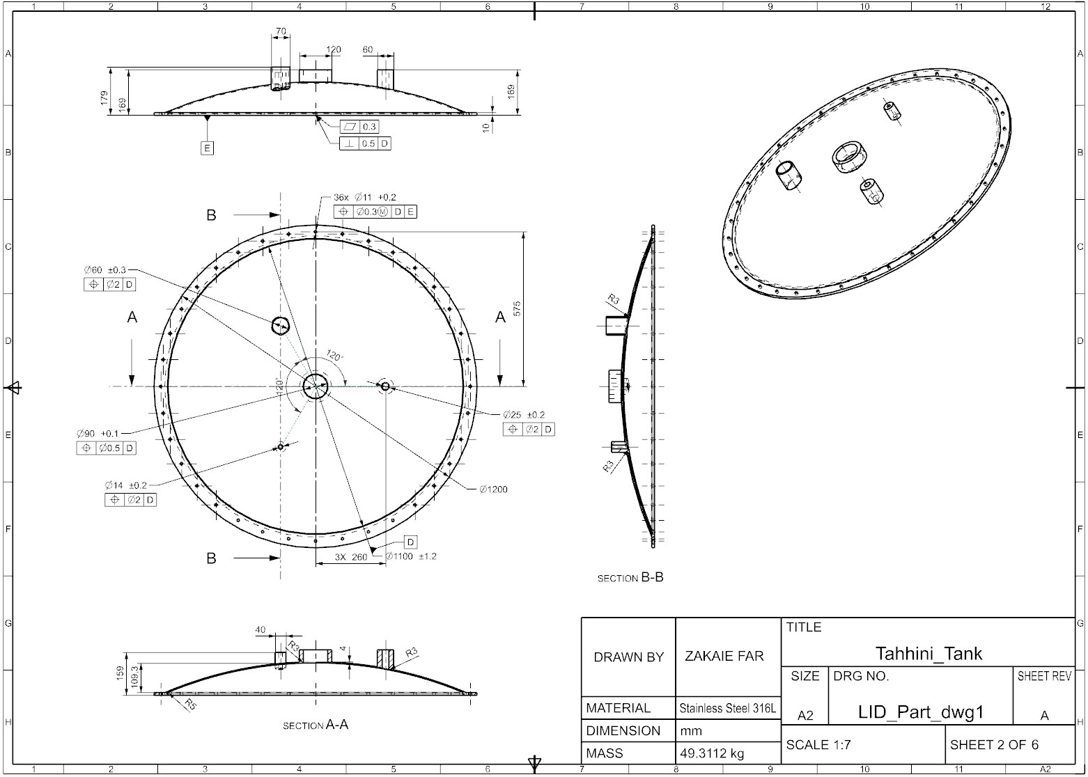 Lid Part engineering drawing with GD&T, sheet 2 of 6