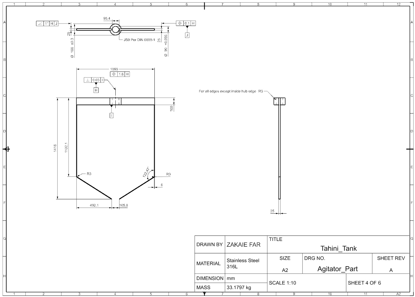 Agitator Part engineering drawing with GD&T, sheet 4 of 6