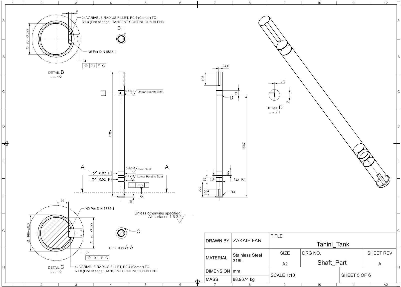 Shaft Part engineering drawing with GD&T and variable-radius fillet detail, sheet 5 of 6
