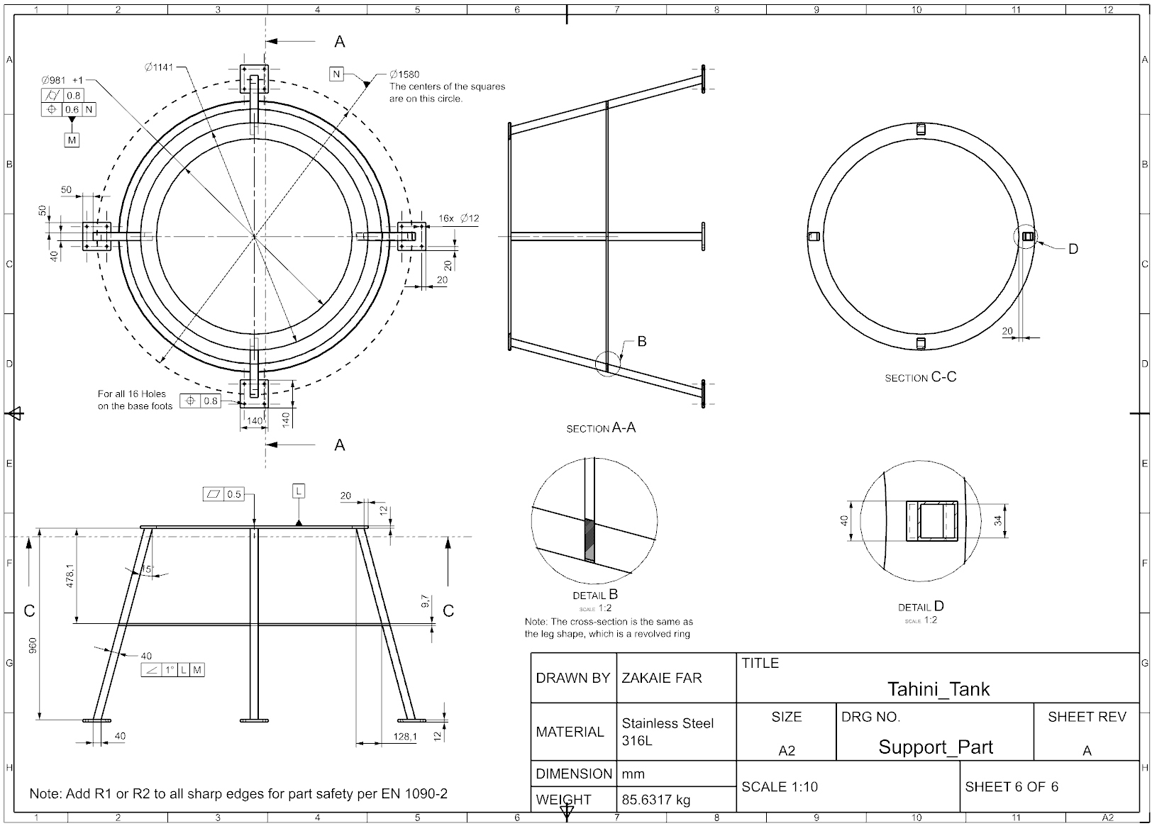 Support Part engineering drawing with GD&T, sheet 6 of 6