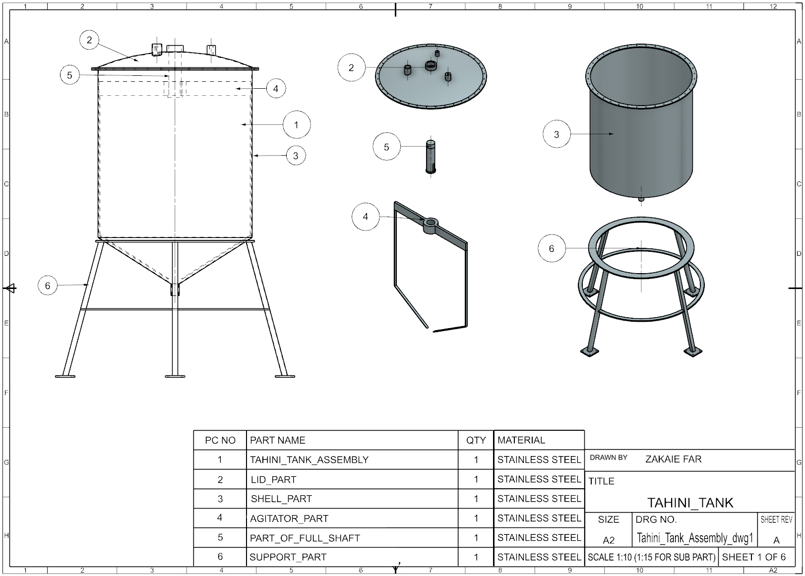 Tahini Tank assembly engineering drawing with parts list and bill of materials, sheet 1 of 6