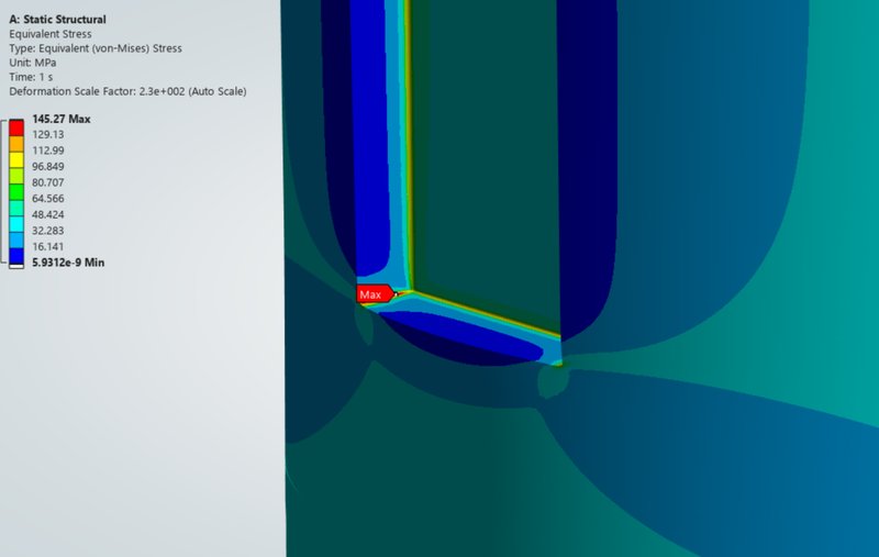 FEA result after variable-radius fillet redesign, 145.27 MPa maximum