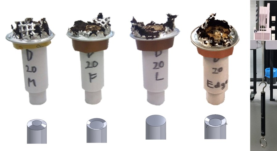 Instrumented test rig with a spring-scale dynamometer measuring capsule compression force, alongside the four piston head surface types tested