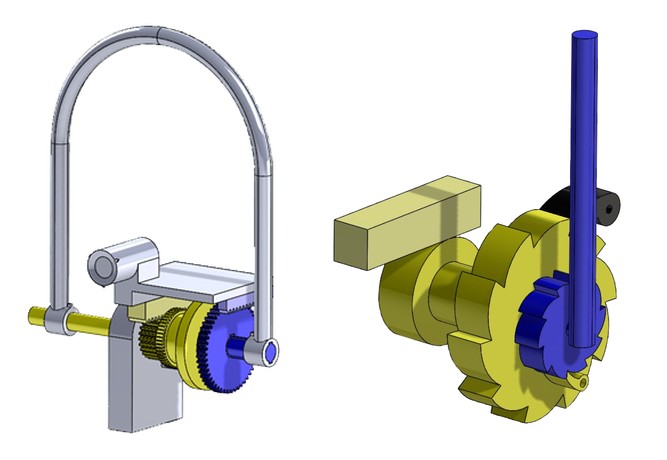 Left: gear, rack, and lever compression mechanism. Right: double ratchet wheel and gear assembly
