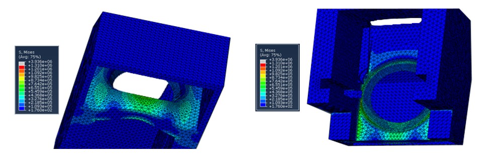 Left: Abaqus von Mises stress plot, front view. Right: isometric view of the same result